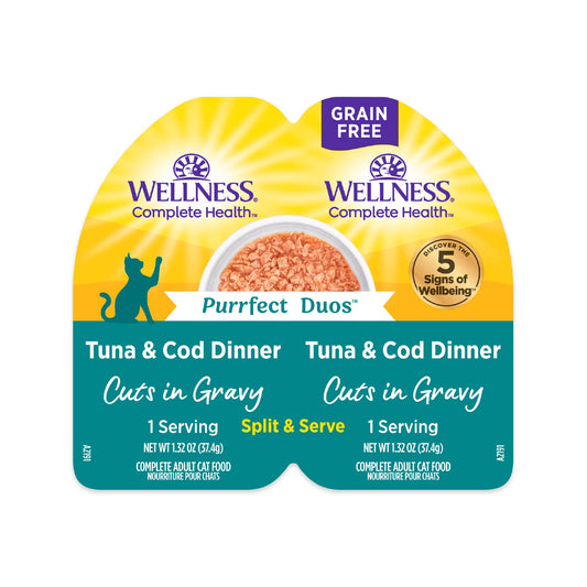 Wellness Complete Health Purrfect Duos, Cuts in Gravy, Adult Wet Cat Food, Natural, Protein-Rich, Grain-Free, 2.64 Ounce, 12 Pack, (Tuna & Cod Dinner Recipe)