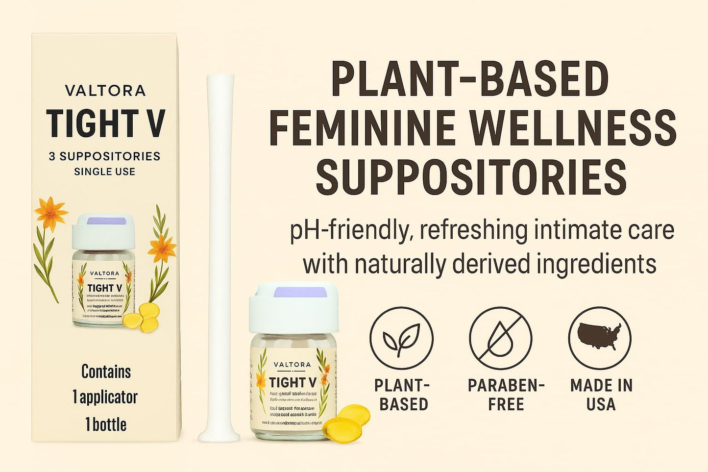 Tight V Plant-Based Feminine Wellness Suppositories, pH-Friendly Intimate Care, Refresh & Cleanse, 3-Day Support