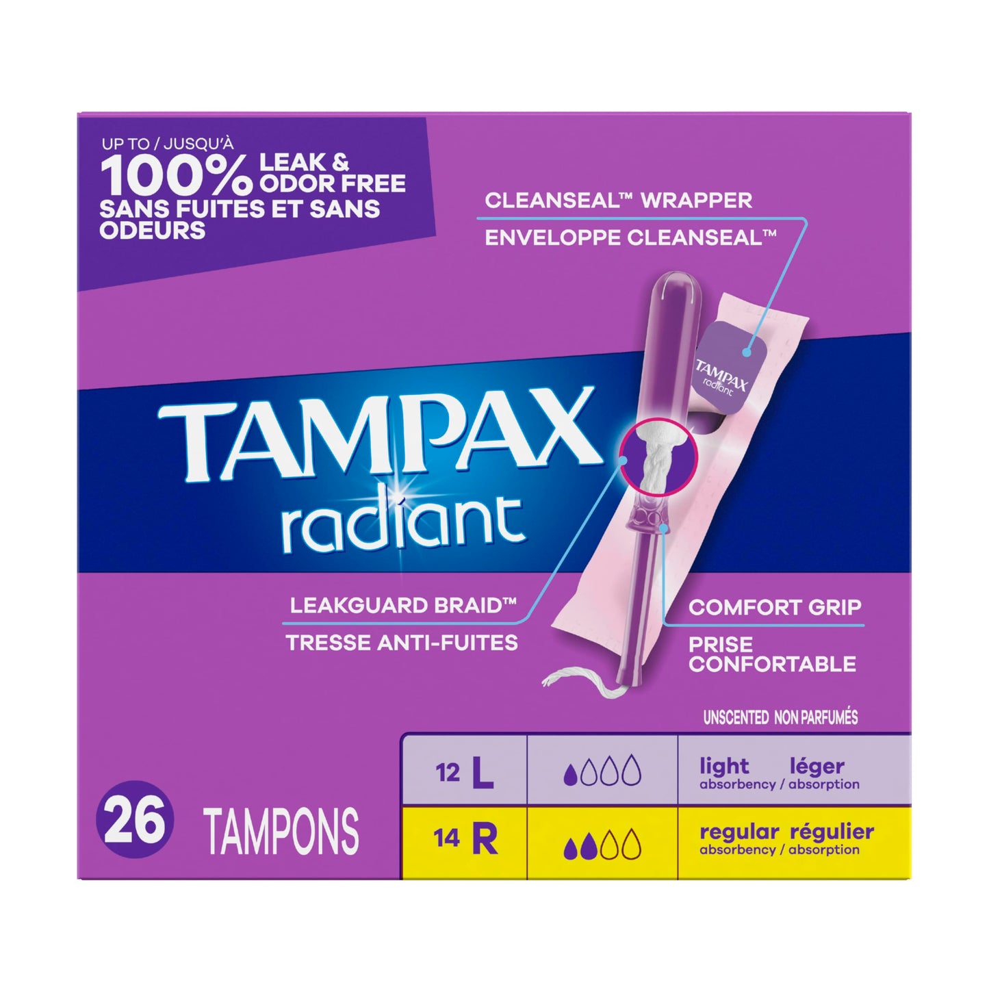 Tampax Radiant Tampons Multipack, with LeakGuard Braid, Light/Regular Absorbency, Unscented, 26 Count