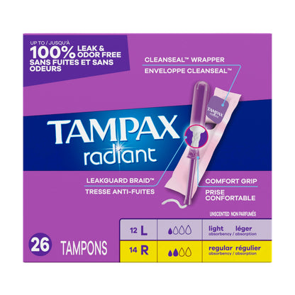 Tampax Radiant Tampons Multipack, with LeakGuard Braid, Light/Regular Absorbency, Unscented, 26 Count