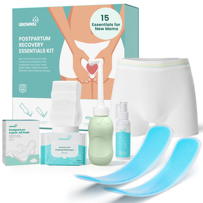 Grownsy 15pc Postpartum Essentials Recovery Kit | Postpartum Kit for Women | Includes 5 Postpartum Pads, 5 Disposable Underwear, 2 Ice Packs, Peri Bottle, Perineal Spray & 28 Cooling Pad Liners