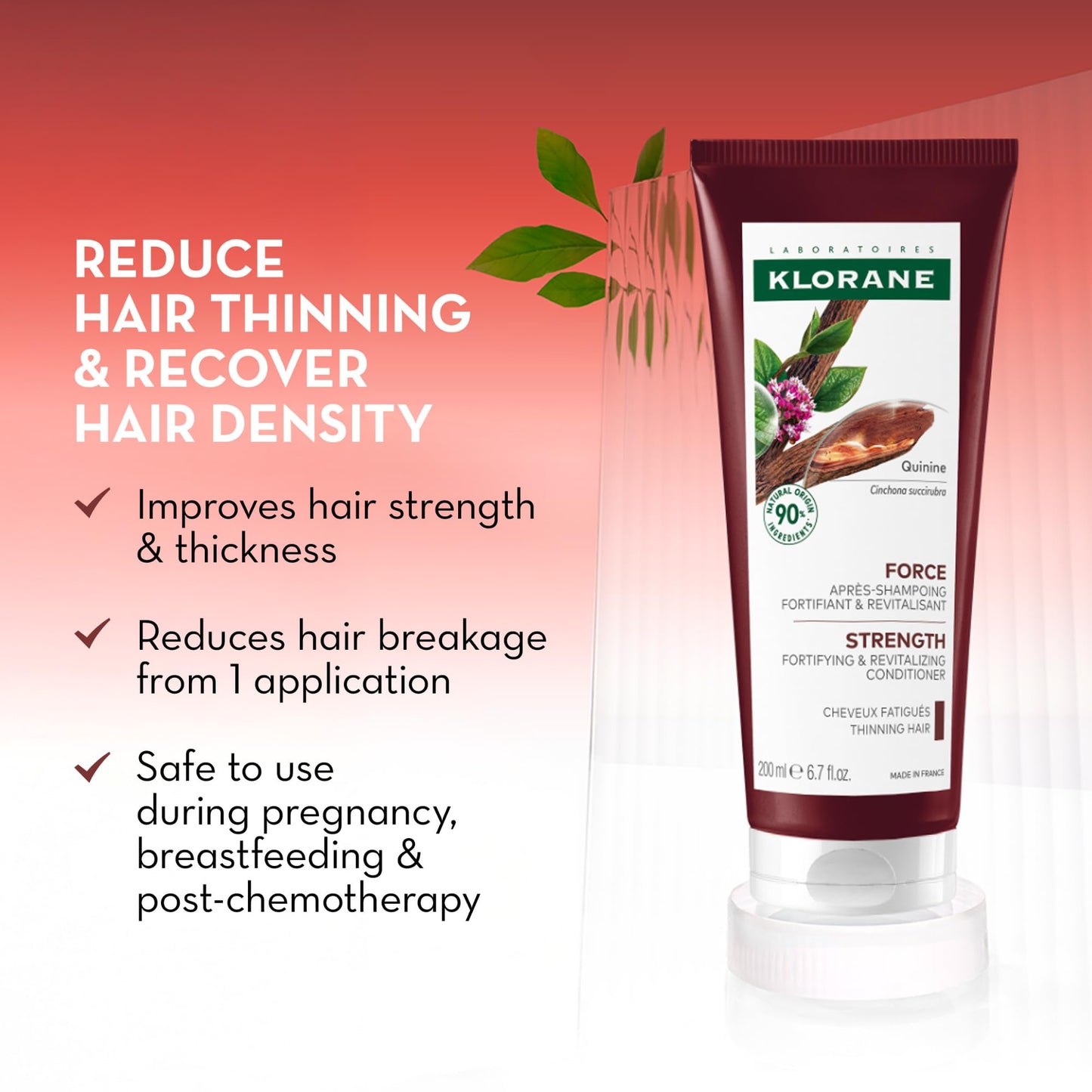 Klorane Strengthening Conditioner with Quinine - Natural Alternative for Hair Thinning - Support Thicker, Stronger, Healthier Hair - Men & Women - Vegan, and Dermatologist-Tested - 6.7 fl. oz.