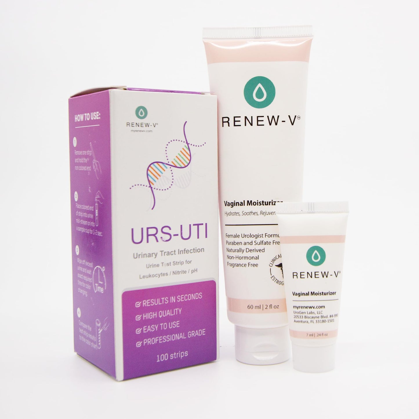 RenewV Women’s Intimate Care Bundle – UTI Test Strips 100ct & Vaginal Moisturizer 2oz with Sample – At-Home Urinary & Feminine Care Kit