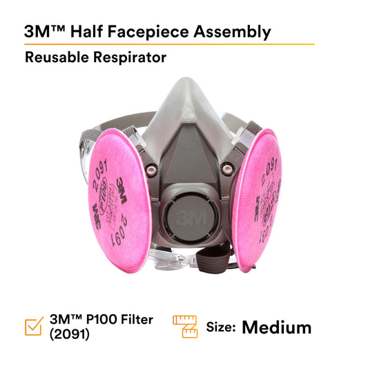 3M Half Facepiece Reusable Respirator Assembly Kit 6291, Size Medium, P100, Lightweight, Comfortable, Easy to Adjust, Includes 2091 Particulate Filter, Welding, Soldering, Asbestos