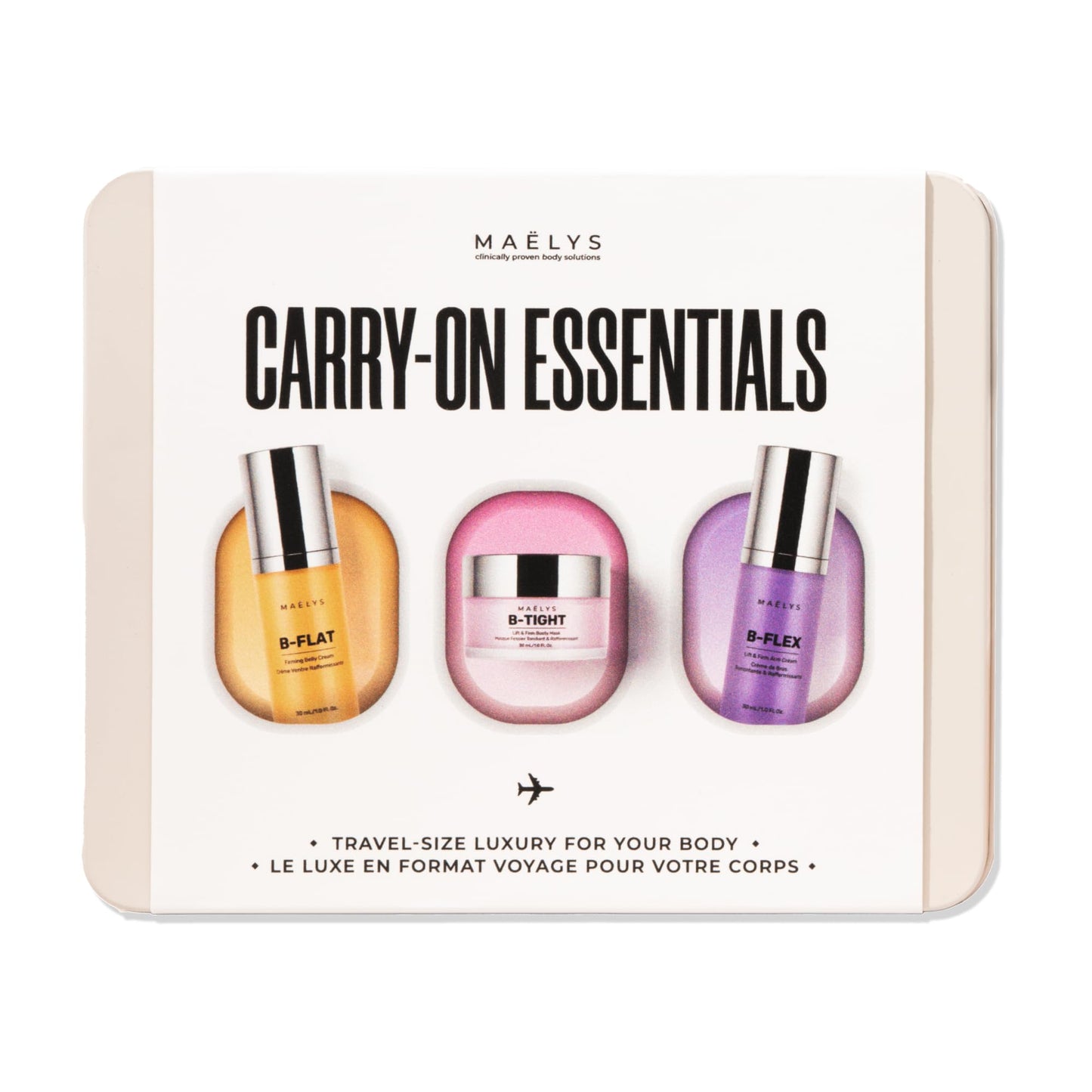 MAËLYS CARRY-ON ESSENTIALS - Firming Cream Trio for Booty, Belly & Arms - Includes B-TIGHT, B-FLAT & B-FLEX Travel Minis - Helps Improve the look of Stretch Marks & Cellulite (1.0 Fl Oz)