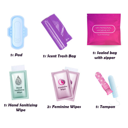 3 x Menstrual All-in-One Kits - Assorted Colors | Convenience on The Go | Single Period Kit Packs | Individually Wrapped Feminine Hygiene Products (Red Purse/Pink/Purple)
