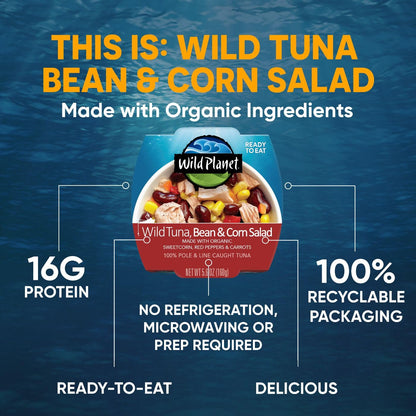 Wild Planet Ready-to-Eat Wild Tuna, Bean & Corn Salad with Organic Sweetcorn, Red Peppers and Carrots, 5.6oz, Pack of 1