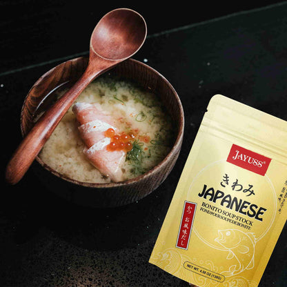 JAYUSS Dashi Powder Japanese Bonito Soup Stock 4.58 Oz Made with More Real Bonito Less Salt Non-GMO Perfect for Miso Soup Ramen Udon and Japanese Cooking 130g