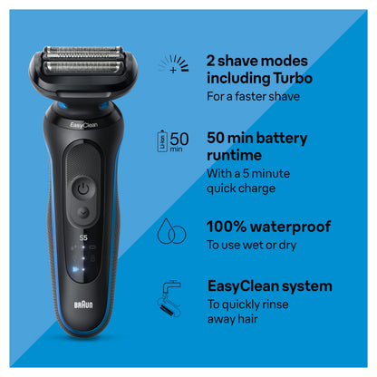 Braun Electric Shaver for Men, Series 5 5150cs, Wet & Dry Razor, Turbo Shaving Mode, Foil Shaver, with Beard Trimmer, Body Groomer and Charging Stand, Blue