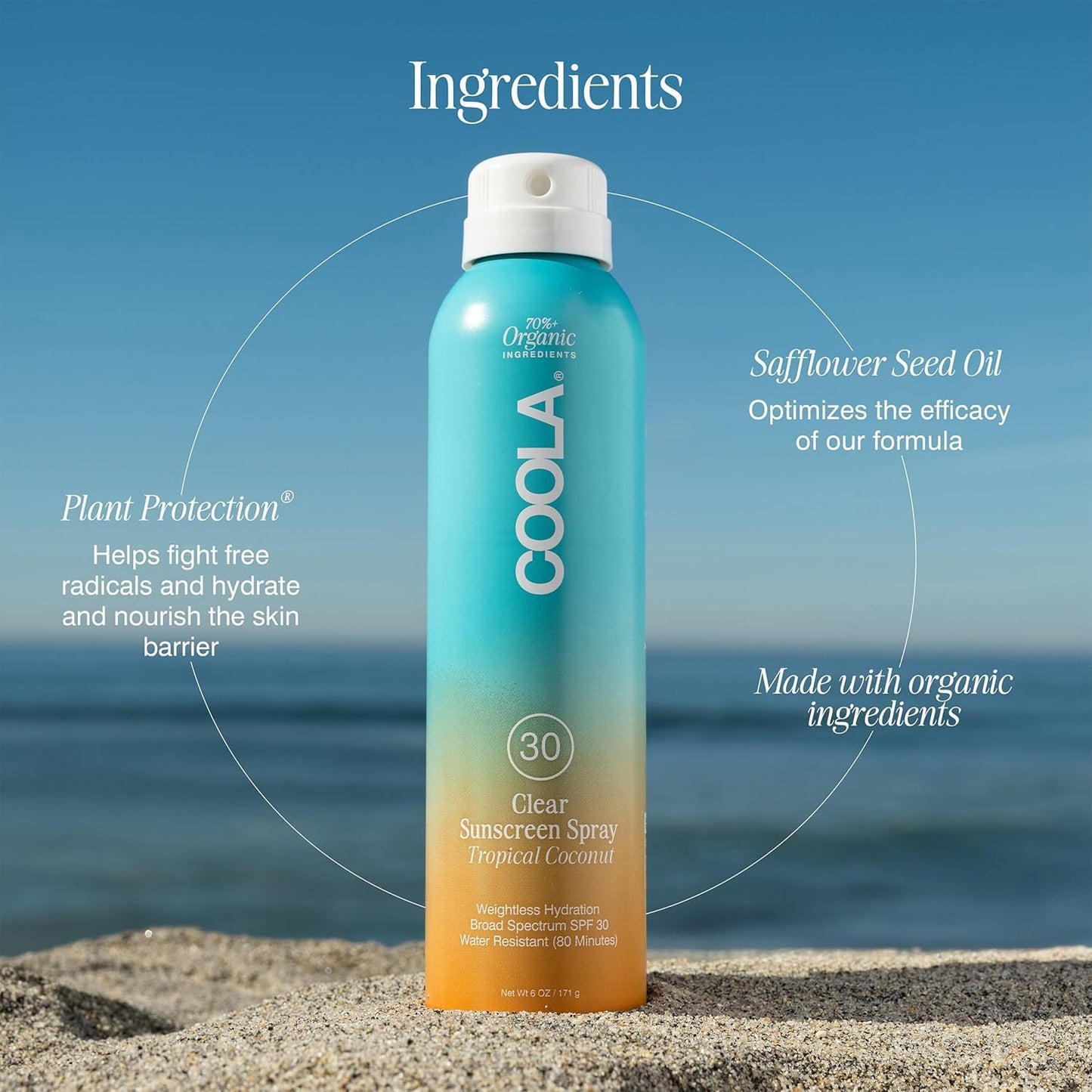 COOLA Organic Sunscreen SPF 30 Sunblock Spray, Dermatologist Tested Skin Care for Daily Protection, Vegan and Gluten Free, Tropical Coconut