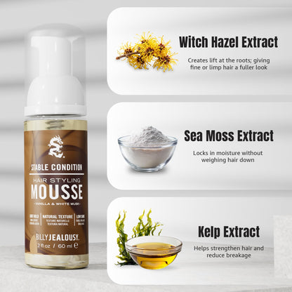 Billy Jealousy Stable Condition Hair Styling Mousse for Men – Light Hold for Body & Lift, Frizz Control – Hydrates with Sea Moss & Kelp, Travel Size, Silicone & Residue-Free, Vegan, Vanilla White Musk