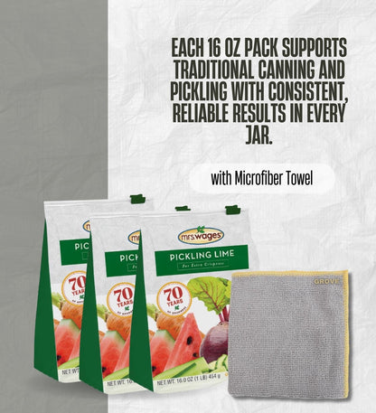 3x Pickling Lime by Mrs. Wages 16 oz Bundle with Microfiber Cloth – Ideal for Crisp, Flavorful Pickles, Green Tomatoes, Watermelon Rinds, and Citron – Gift Set (4 Items)