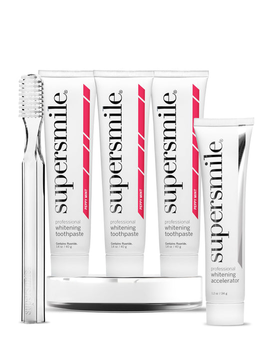 Supersmile Peppy Mint Teeth Whitening Toothpaste Set, Complete 5-Piece Travel Set with 3 Toothpastes, 1 Accelerator & 1 Toothbrush, Whitening Toothpaste Kit, Whitens up to 6 shades.
