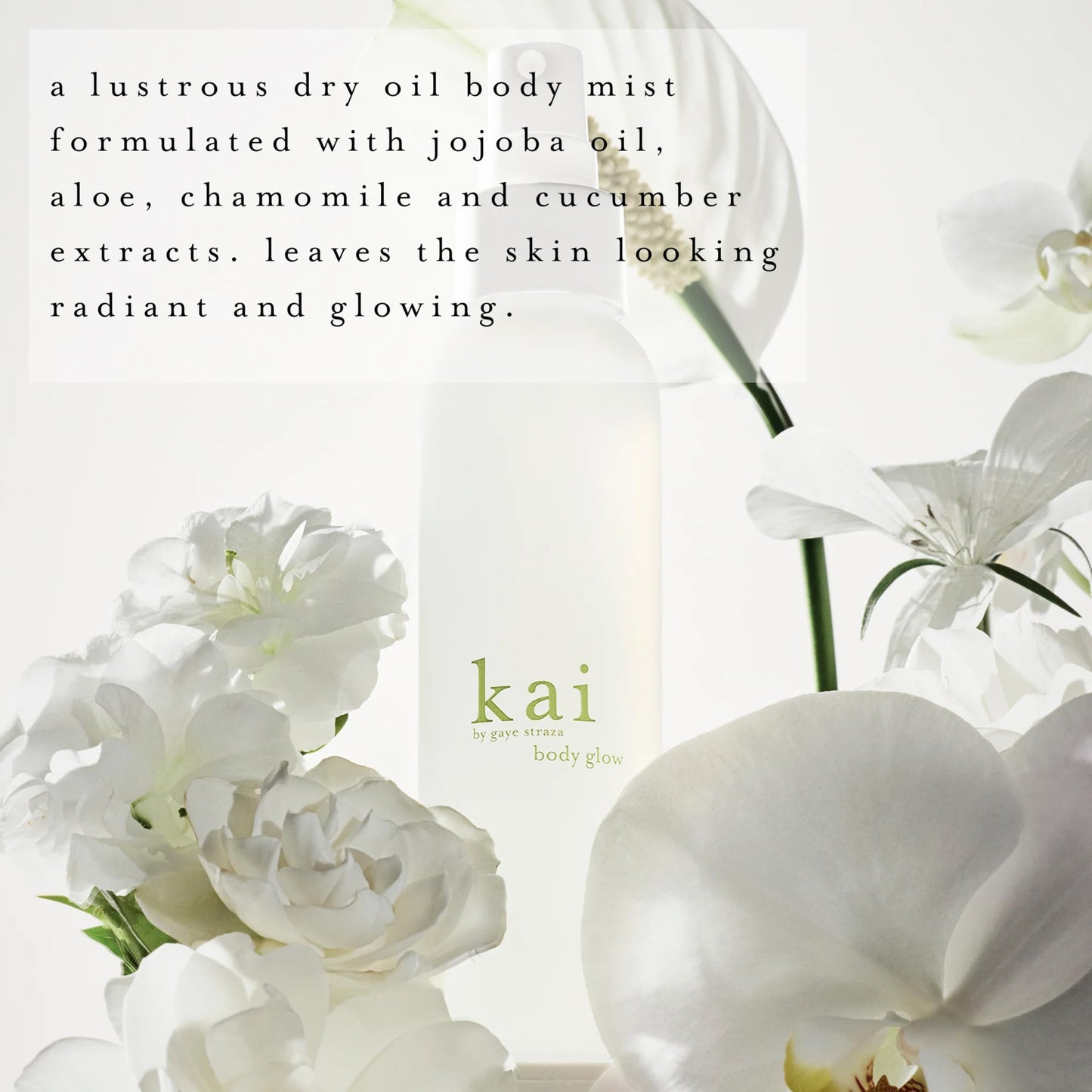 kai body glow, 4 Fl Oz, dry body oil with jojoba, chamomile, cucumber extracts, moisturizes and leaves a radiant glow with a fresh + clean fragrance, vegan, cruelty free, made in the usa