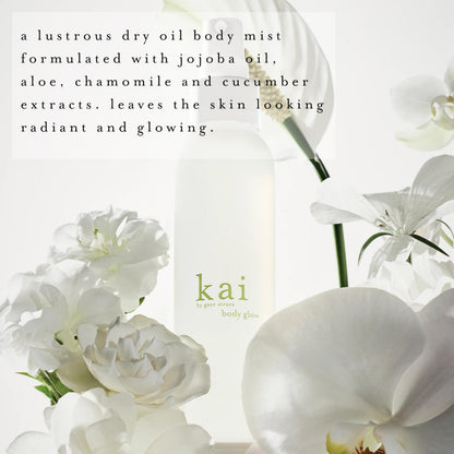 kai body glow, 4 Fl Oz, dry body oil with jojoba, chamomile, cucumber extracts, moisturizes and leaves a radiant glow with a fresh + clean fragrance, vegan, cruelty free, made in the usa