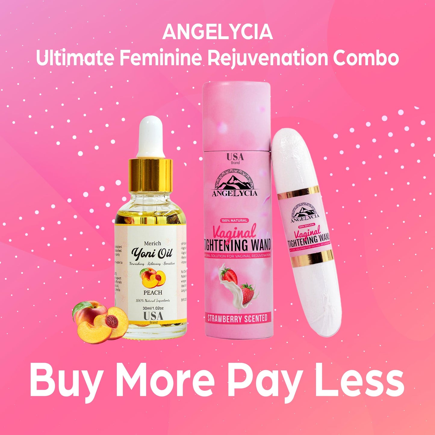 ANGELYCIA Ultimate Feminine Rejuvenation Combo, Virginity Wand Strawberry and Feminine Yoni Detox Oil Peach, Vaginal Tightening Solution, Restores pH Balance for Women