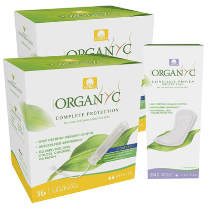 Organyc 100% Certified Organic Cotton Tampons, Plant-Based Eco-Applicator, Normal Flow (16 Count) + Everyday Ultra-Thin Panty Liners (24 Count)