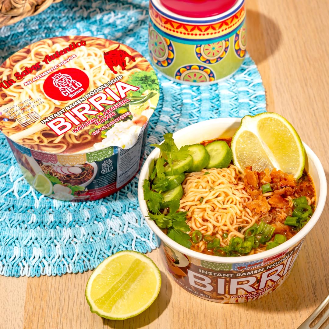 Birria Instant Ramen Noodle Soup, Authentic Mexican BirriaSopa, No Trans Fat, 9g Protein, Ready to Eat 3 Minute Meal, 6-Pack of 2.82oz Spicy Ramen Bowls