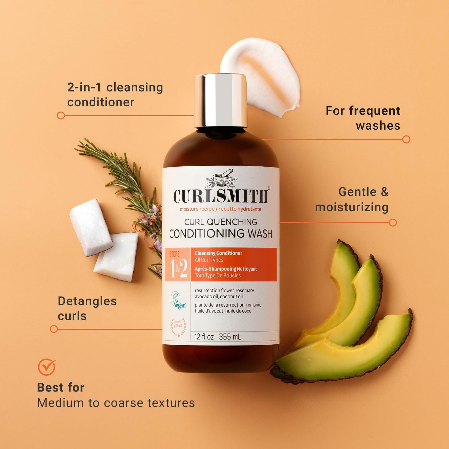 CURLSMITH - Curl Quenching Conditioning Wash - Vegan Cowash 2 in 1 Conditioner and Shampoo for Wavy, Curly and Coily Hair (32oz)
