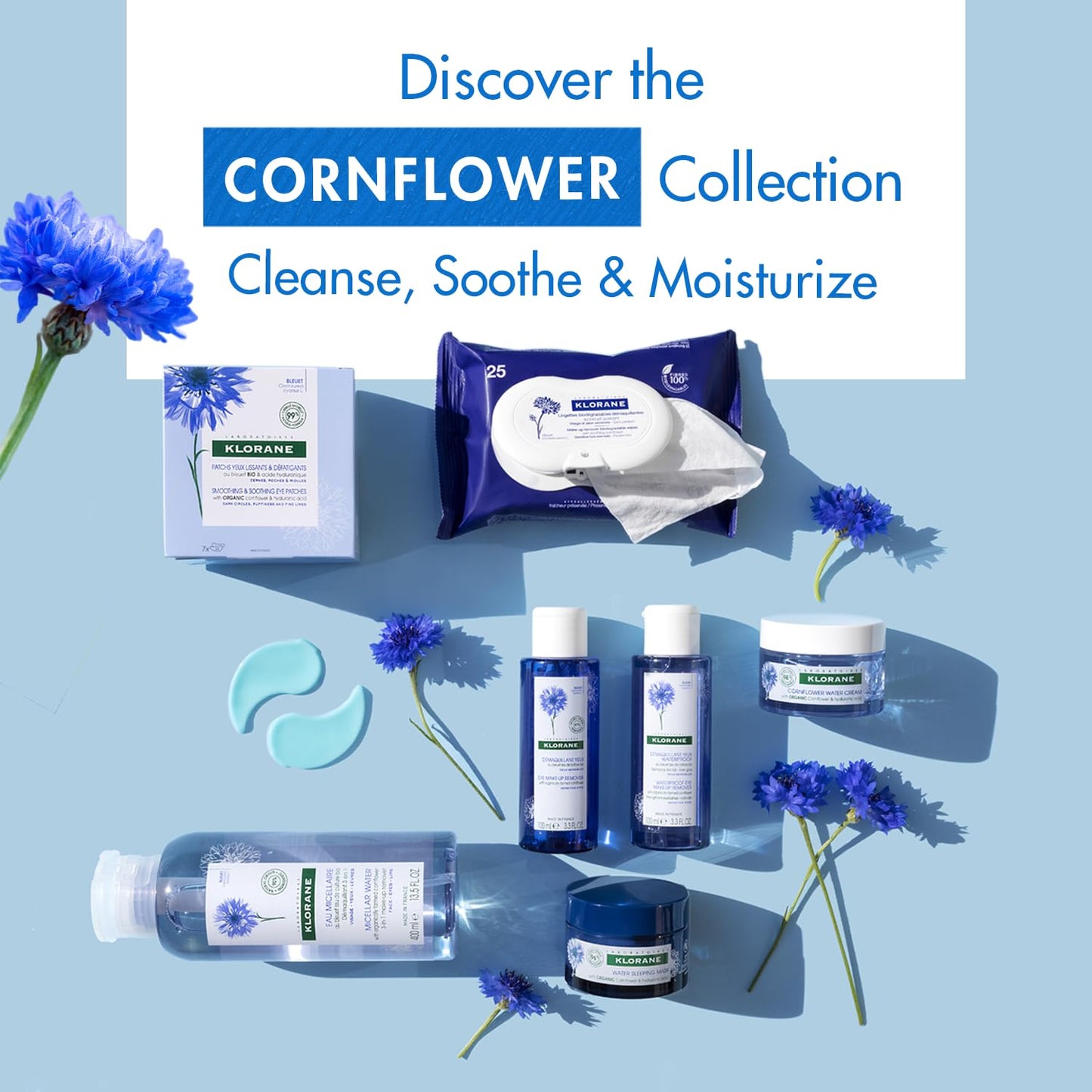 Klorane - Smoothing & Soothing Eye Masks with Cornflower & Plant-Based Hyaluronic Acid - Hydrogel Eye Patches For Puffy, Tired Eyes and Dark Circles - 7 ct.