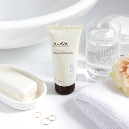 AHAVA Time To Clear Facial Mud Exfoliator - Gentle mud-based scrub to purify, exfoliate & fresh the skin, unveils radiant, boosts skincare absorption, with Osmoter, Vitamin E & Dead Sea Mud, 3.4 Fl.Oz