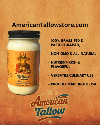 American Tallow, 100% Grass-Fed, Pasture-Raised, Non-GMO Beef Tallow, Premium Cooking Oil & Seed Oil Alternative, Healthy Traditional Fat,14 oz Glass Jar, Made in USA