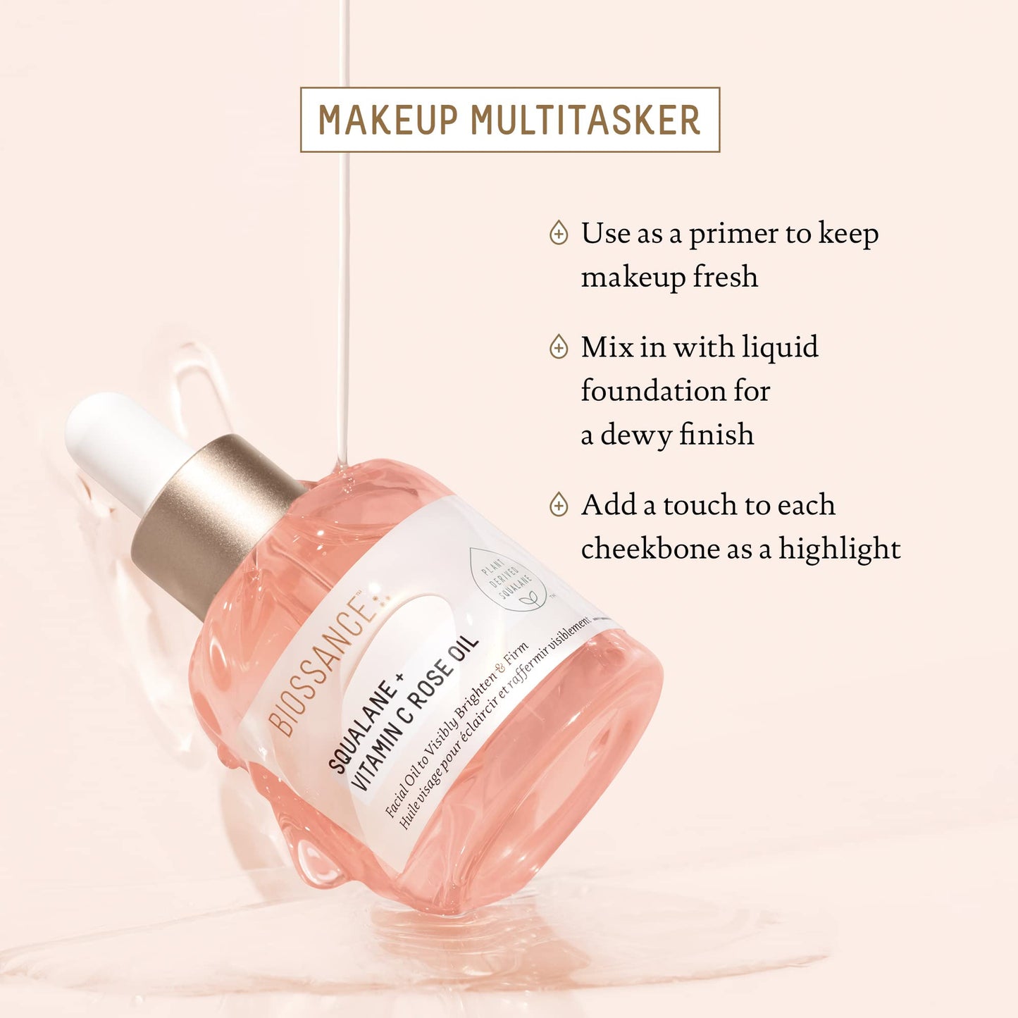 BIOSSANCE Squalane + Vitamin C Rose Advanced Facial Oil - Brightening, Firming, and Hydrating Serum for All Skin Types - Chios Crystal Oil, Damascus Rose Extract & Squalane for Radiance