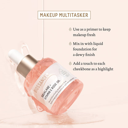 BIOSSANCE Squalane + Vitamin C Rose Advanced Facial Oil - Brightening, Firming, and Hydrating Serum for All Skin Types - Chios Crystal Oil, Damascus Rose Extract & Squalane for Radiance