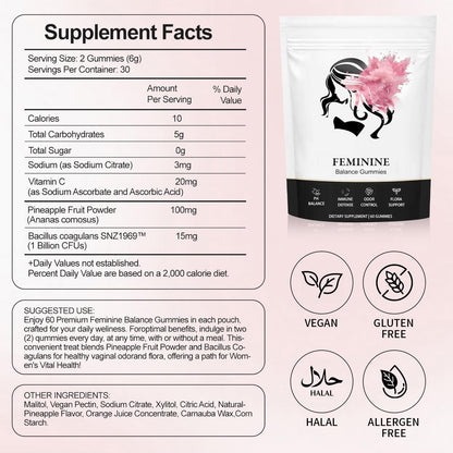 Feminine Balance Gummies, Premium Feminine Balance Gummies for Women’s, Vegan Hawaiian Pineapple, pH Balance, Healthy Odor, Flora and Immune Support, Vaginal Health Support, 60 Count (Pineapple)