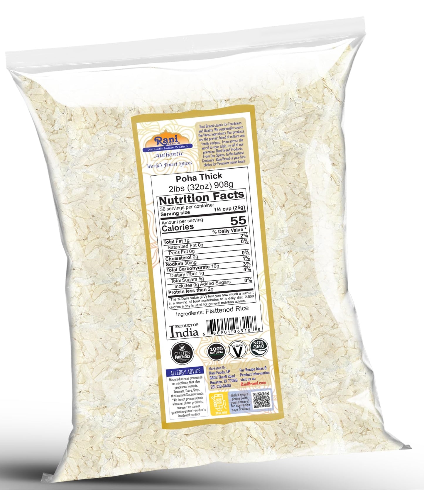 Rani Poha (Powa) Thick Medium-Cut (Flattened Rice) 32oz (2lbs) 908g ~ All Natural, Salt-Free | Vegan | Kosher | No Colors | Gluten Friendly | Indian Origin