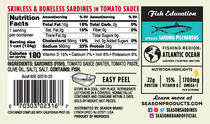 Season Sardines in Tomato Sauce - Skinless & Boneless, Wild Caught, 22g of Protein, Keto Snacks, More Omega 3's Than Tuna, Kosher, High in Calcium, Canned Sardines - 4.37 Oz Tins, 12-Pack