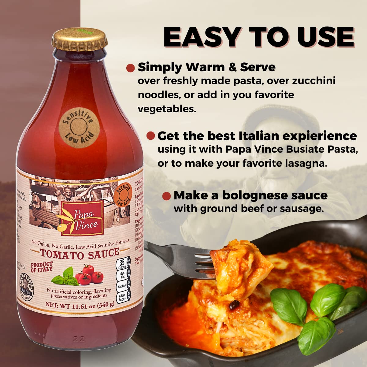 Papa Vince Pasta Tomato Sauce: Low Acid Garlic-Free Formula, Low Sodium, No Onion No Added Sugars. Non-GMO Gluten Free. Organic Cherry Tomatoes made in Sicily Italy. Small Batch. Exceptional Taste