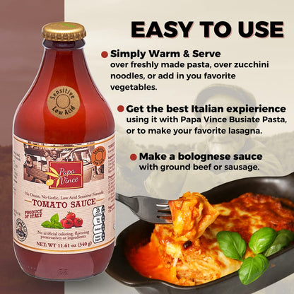 Papa Vince Pasta Tomato Sauce: Low Acid Garlic-Free Formula, Low Sodium, No Onion No Added Sugars. Non-GMO Gluten Free. Organic Cherry Tomatoes made in Sicily Italy. Small Batch. Exceptional Taste