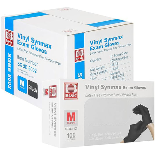 Disposable Medical Synmax Vinyl Exam Gloves- 4 mil Safty Glove 1000pcs - Latex-Free & Powder-Free - SGBE 8002, Medium (Case of 1000, Black)