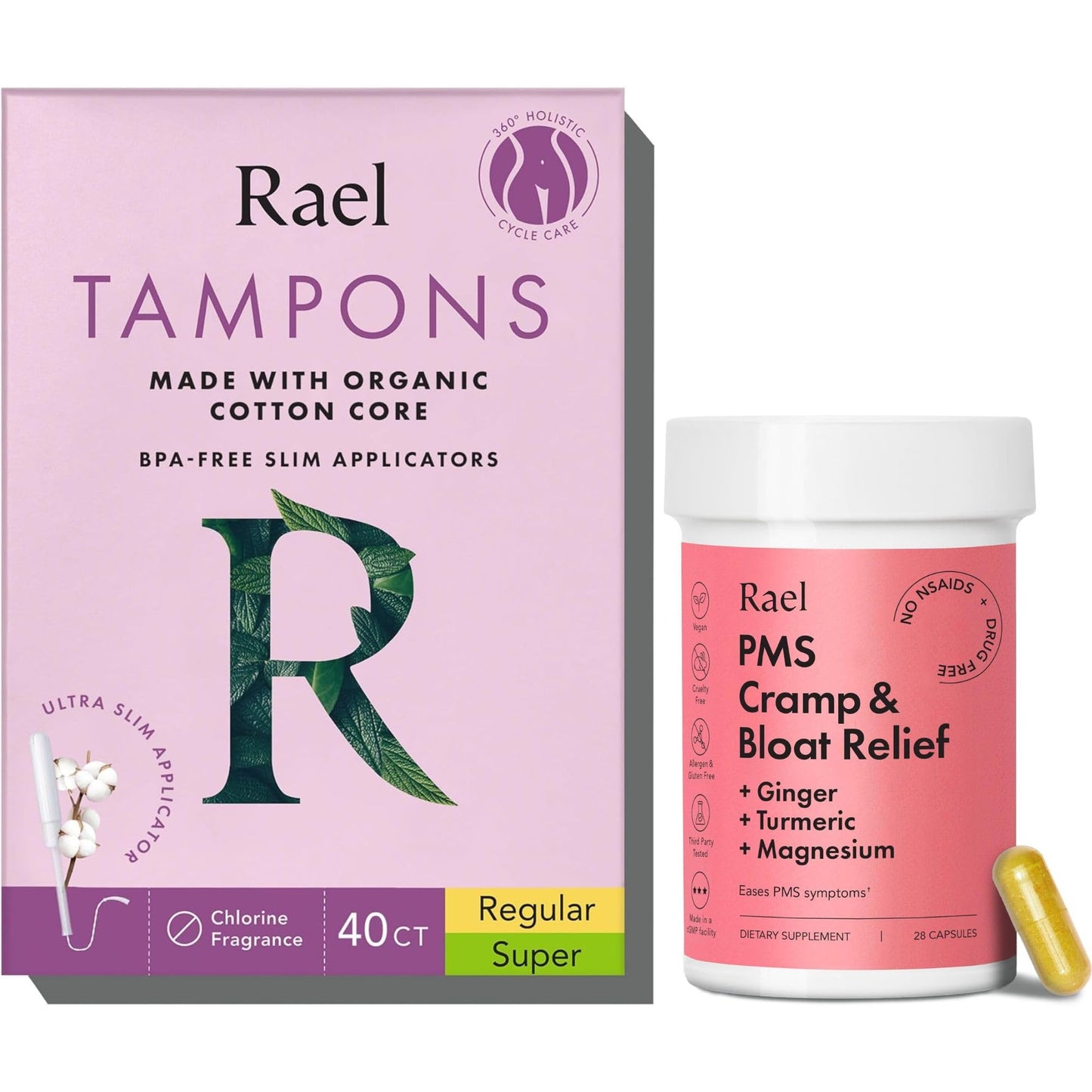 Rael Bundle - Slim Applicator Tampons Made with Organic Cotton Core, Multipack (Regular & Super, 40 Count) & PMS Supplement for Women (28 Capsules)