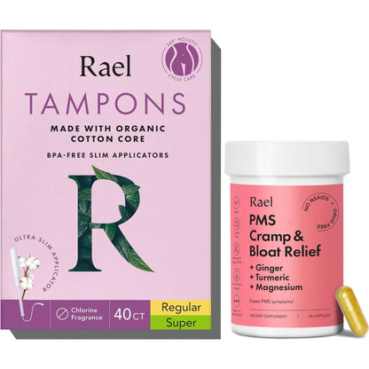 Rael Bundle - Slim Applicator Tampons Made with Organic Cotton Core, Multipack (Regular & Super, 40 Count) & PMS Supplement for Women (28 Capsules)