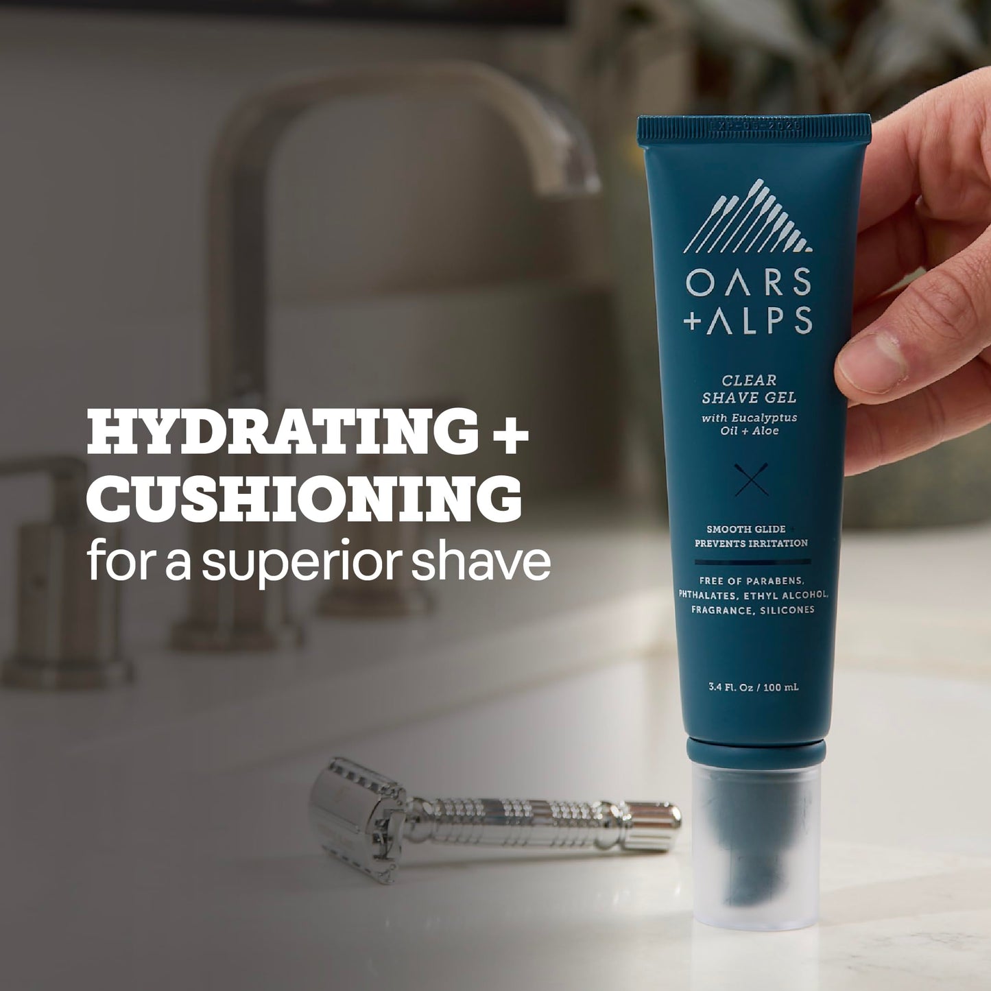 Oars + Alps Hydrating Men's Clear Shave Gel, Dermatologist Tested and Infused with Aloe & Eucalyptus Oil, TSA Friendly, 3.4 Oz, 1 Pack