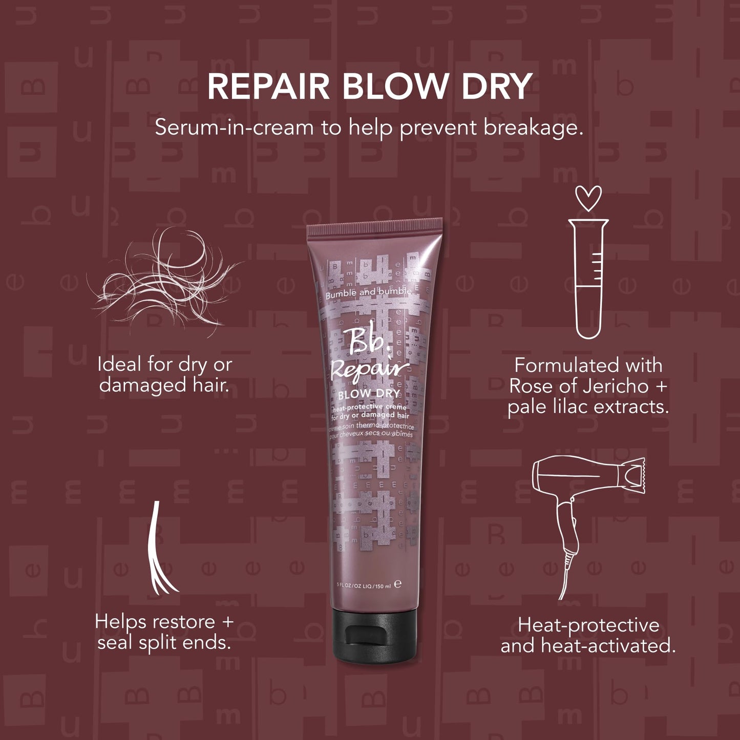 Bumble and bumble. Repair Blow Dry Heat Protective Styling Cream | For Damaged Hair + Smoothing | Seals Split Ends and Prevents Breakage | For Medium to Thick Curly, Wavy, Straight Hair Types, 5 Fl Oz