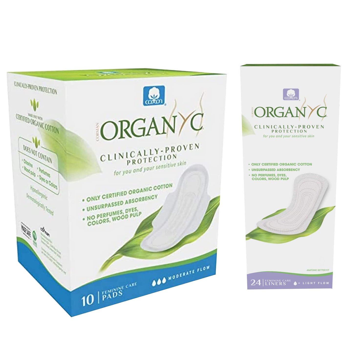Organyc - Feminine Pads - Moderate Flow (10 Count) + Everyday Ultra-Thin Panty Liners (24 Count)