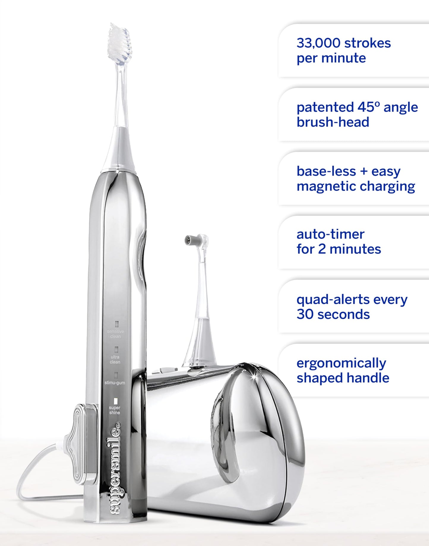 Supersmile Zina45™ Deluxe Sonic Pulse Toothbrush – Rechargeable Electric Brush with Angled Head & Travel Case – for Whiter Teeth and Healthier Gums