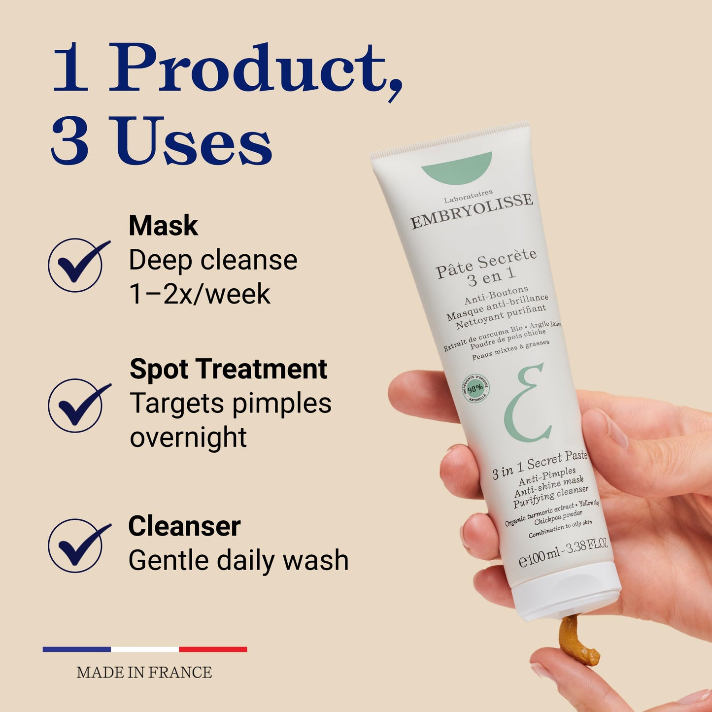Embryolisse 3 in 1 Anti-pimples & Acne Treatment - Multipurpose Clay Mask to Control and Clear Breakouts - For Oily to Combination Skin, Paraben Free, Oil Free & Non-Comedogenic, 3.38 Fl Oz