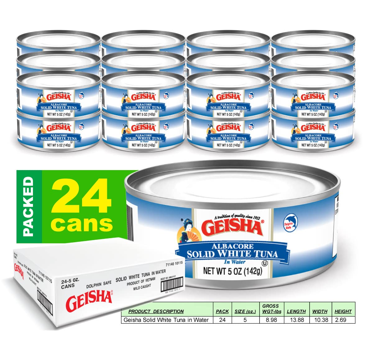 GEISHA Solid White Tuna In Water 5oz(Pack of 24), Canned Albacore Tuna | No Trans Fat - No Sugar Added – Kosher Certified – Gluten Free – Omega 3 – Good Source of Protein