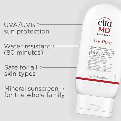 EltaMD UV Pure Face and Body Sunscreen, SPF 47 Mineral Sunscreen for Kids and Adults, Water Resistant Up to 80 Minutes, Oil Free Zinc Oxide Formula