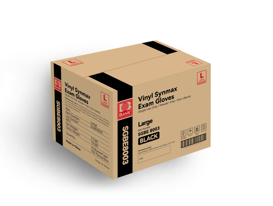 Basic Disposable Medical Synmax Vinyl Exam Gloves- 4 mil Safty Glove 1000pcs - Latex-Free & Powder-Free - SGBE 8003, Large (Case of 1000, Black)