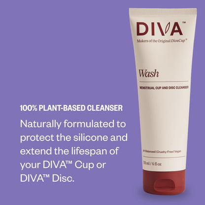 DIVA Wash - Menstrual Cup & Disc Cleanser - Requires One Drop Only - for Period Care - 100% Plant-Based Cleansing Wash - Fresh Citrus Scent - 4 Fl Oz