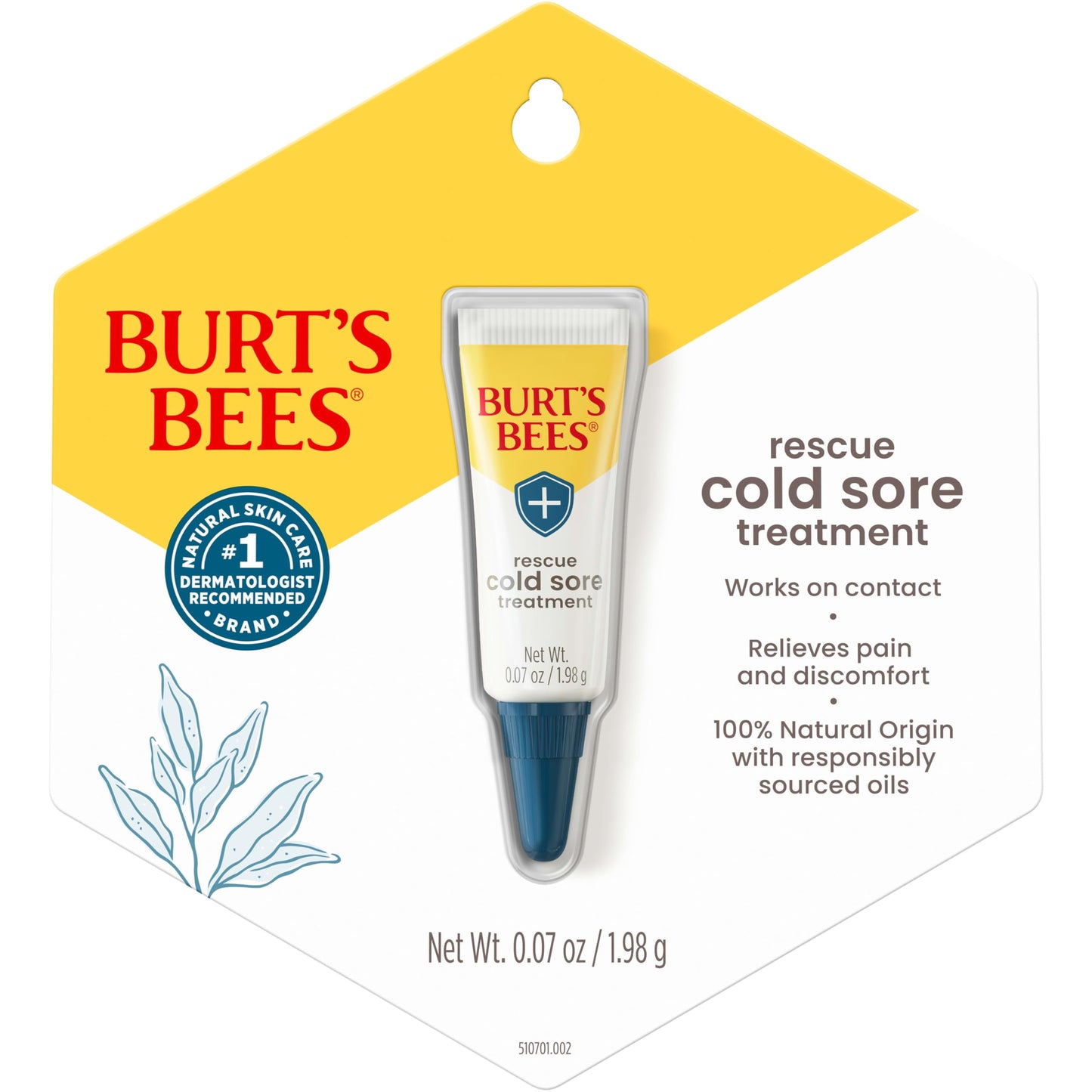 Burt's Bees Cold Sore Treatment, with Rhubarb and Sage Complex, Natural Origin Skin Care, 1 Tube, 0.07 oz.