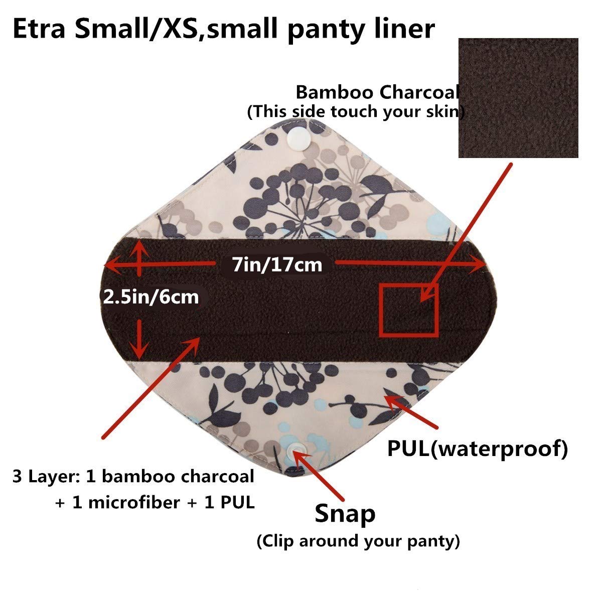 5 Cloth Menstrual Pads 1 Wet Bag XS Panty Liners Reusable Washable (Blue Feather Down, XS Panty Liners)
