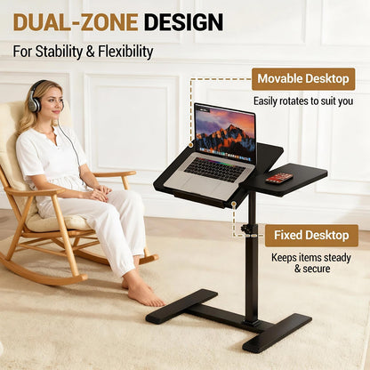 GarveeHome Overbed Bedside Table Adjustable with Wheels, Mobile Standing Stand Up Rolling Laptop PC Desks with Tilting Top Height Tray Side Computer Workstation for Bedroom on Hospital Home Use Black