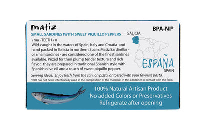 Matiz Sardinillas with Piquillo Peppers | Baby Sardines 3 Ounce | Product of Spain | Wild Caught |