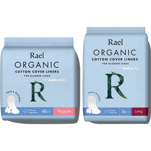Rael Organic Cotton Cover Incontinence Liners Bundle - Bladder Control and Postpartum Liners, 4-Layer Core Protection with Leak Guard Technology, Regular (48 Count) and Long (36 Count)